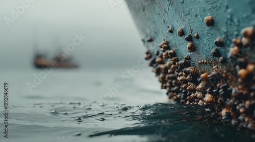Barnacle Clusters Attached to a Hull Immersed in Ocean Water