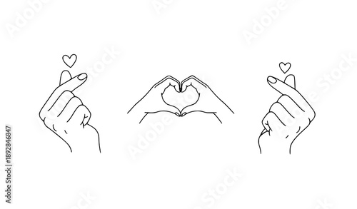 Elegant hand with mini heart finger gesture line icon set vector