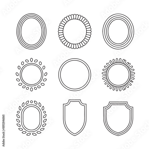 Set of vintage linear frames and decorative borders for emblem design isolated on transparent background useful for heraldry or awards including oval circle and shield shape vector