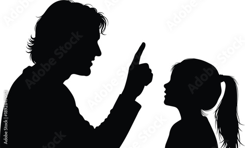 Angry parent scolding young child silhouette, family conflict, emotional abuse concept, discipline and authority confrontation isolated on white background