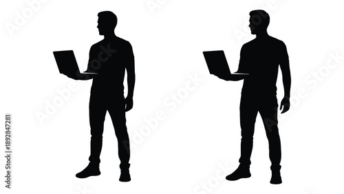 Two silhouetted men stand facing forward each holding and using a laptop