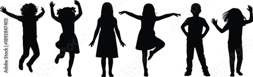 Collection of happy children silhouettes jumping and posing in playful positions, joyful kids expressing freedom and creativity isolated on white background, 