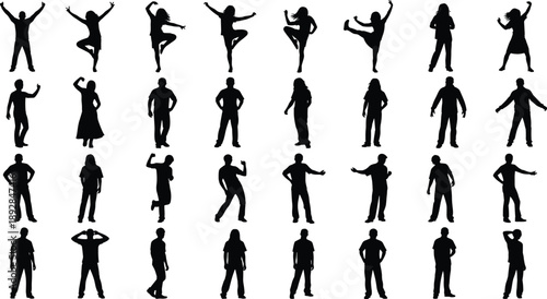 Collection of human silhouette figures in various standing, walking, dancing, and action poses isolated on white background, ideal for lifestyle concepts, infographics, and design projects