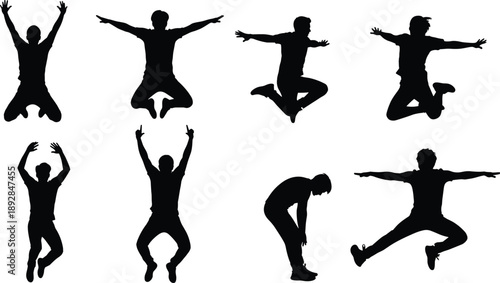 Collection of jumping man silhouettes in energetic action poses expressing freedom, happiness, excitement, and movement, isolated on white background, success, motivation,