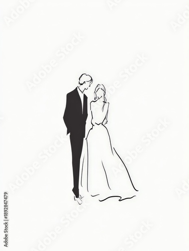 minimal wedding line illustration of a bride and a groom