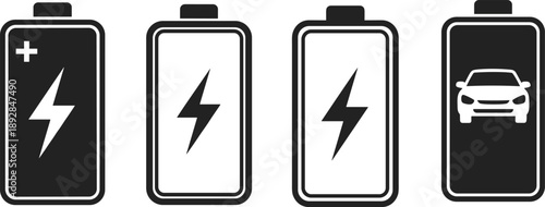Battery icons with lightning bolt and electric car symbols, representing energy storage, power source, EV charging, electricity, battery technology, energy transfer, electric mobility, renewable power