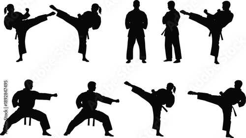 Collection of karate silhouettes showing male and female martial artists performing kicks, punches and fighting stances, black athletic figures isolated on white background