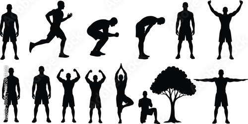 Collection of male fitness and yoga silhouette figures performing running, stretching, strength, and meditation poses isolated on white background, ideal for health, wellness, and training concepts