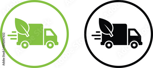 Green and black eco delivery truck icons with a leaf and motion lines for sustainable logistics and shipping.