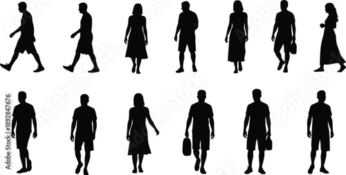 Collection of male and female walking silhouettes in casual and travel poses, people strolling with bags and daily lifestyle activities isolated on white background, 