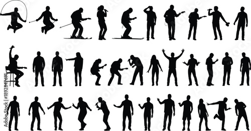 Collection of male performer silhouettes showing singing, playing guitar, jumping rope, skiing, and energetic stage movements, representing music, sports, entertainment, and lifestyle on white 