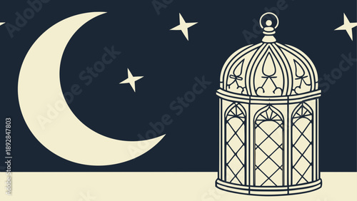 Elegant crescent moon and birdcage night scene