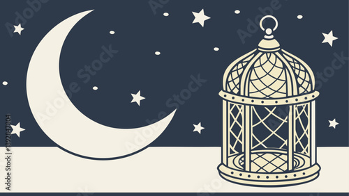 Night sky with crescent moon and birdcage illustration