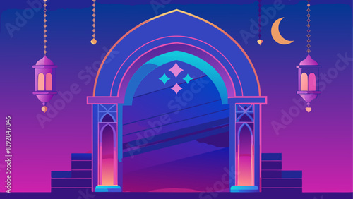 Magical nighttime archway with lanterns and moon