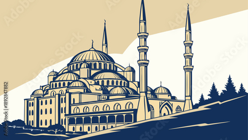 Illustrated mosque with minarets and domes