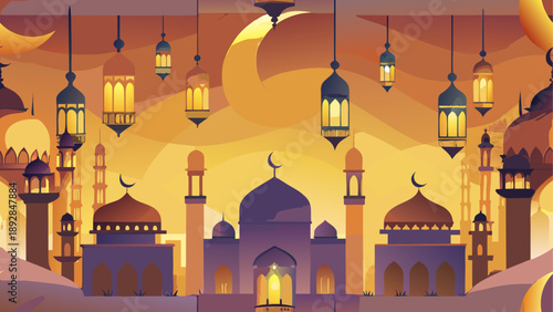 Illuminated islamic mosque with hanging lanterns