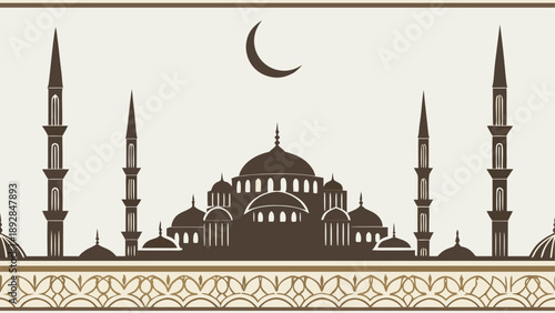 Islamic mosque silhouette with crescent moon