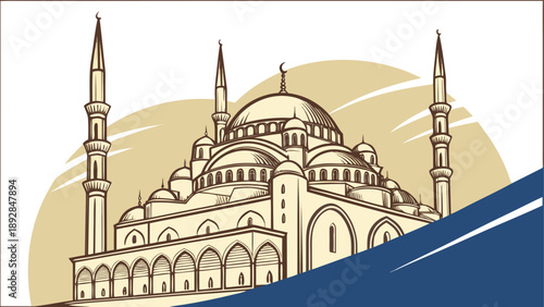 Illustrated mosque with minarets and domes