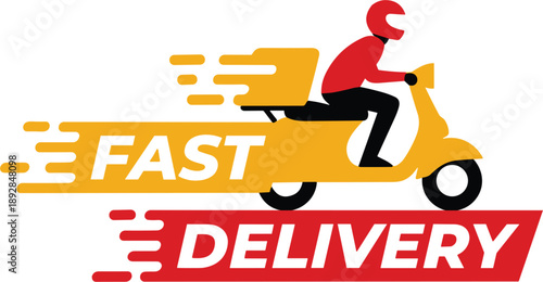 Fast delivery logo illustration featuring a courier on a yellow scooter with speed motion lines and red banners.