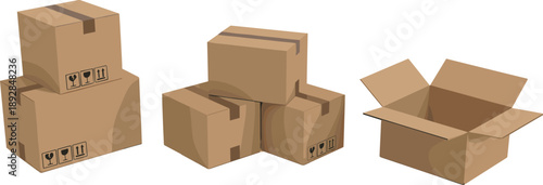 Vector set of cardboard shipping boxes in various states including stacked parcels and an open box for e-commerce logistics.