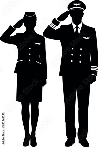 Airline pilot and flight attendant saluting in uniform silhouette
