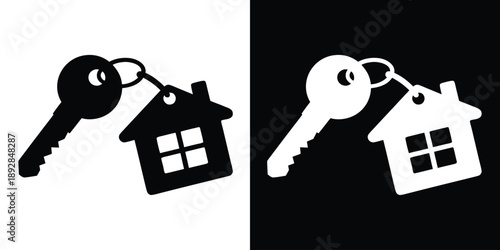 Key with keychain on the ring icon. Estate key sign. Vector illustration