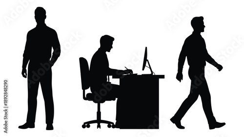 Silhouettes of men in various poses standing working and walking