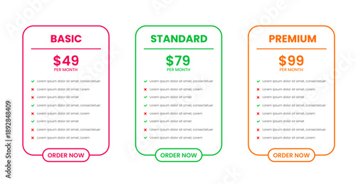 website price Pricing chart table design template. UI UX app pricing chart table Subscription set design. Product Plan Offer Price Package Subscription Option Comparison Table Chart Infographic Design