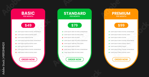 website price Pricing chart table design template. UI UX app pricing chart table Subscription set design. Product Plan Offer Price Package Subscription Option Comparison Table Chart Infographic Design
