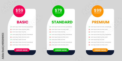 website price Pricing chart table design template. UI UX app pricing chart table Subscription set design. Product Plan Offer Price Package Subscription Option Comparison Table Chart Infographic Design