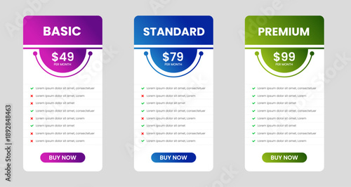 website price Pricing chart table design template. UI UX app pricing chart table Subscription set design. Product Plan Offer Price Package Subscription Option Comparison Table Chart Infographic Design