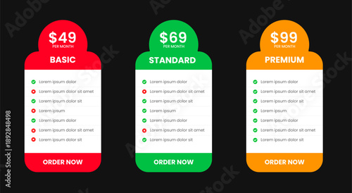 website price Pricing chart table design template. UI UX app pricing chart table Subscription set design. Product Plan Offer Price Package Subscription Option Comparison Table Chart Infographic Design