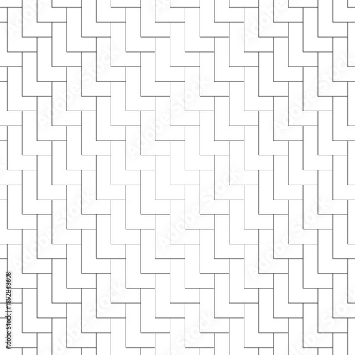 L shape blocks wallpaper. Repeated white mosaic figures on black background. Seamless surface pattern design with polygons. Pavement motif. Digital paper with pavers for page fills, web designing.