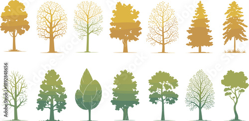 Various tree silhouettes in different shades of green and yellow nature