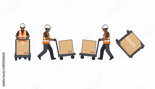 A series of illustrations showing a worker moving cardboard boxes on hand trolleys.