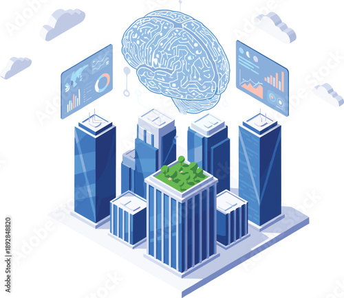 Isometric smart city illustration with high-rise office buildings and a digital brain neural network representing artificial intelligence urban management.
