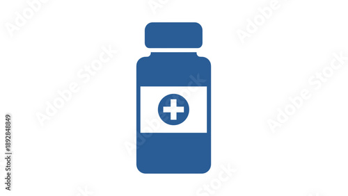 Blue Medicine Bottle with White Cross Symbol.