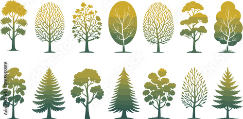 Various tree silhouettes in green and yellow hues on white background trees