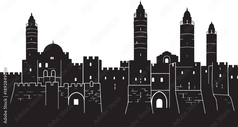 Obraz premium Jerusalem old city silhouette skyline illustration with ancient walls and towers vector
