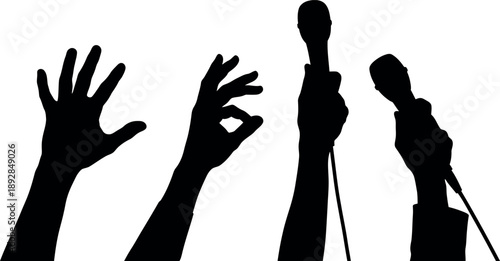 Raised hands and microphones silhouette at press conference
