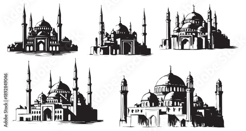 Hand drawn mosque sketch set with islamic architecture engraving vector