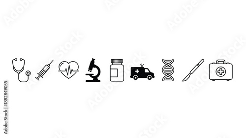 Medical icons and symbols for healthcare and wellness on a white background