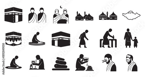 Hajj icons 24 black pilgrimage symbols vector set for web and print