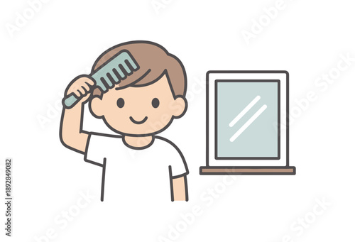 minimal stock vector icon flat clipart muted pastel colors low saturation low contrast simple geometric shapes clean edges consistent proportions minimal facial features child combing hair