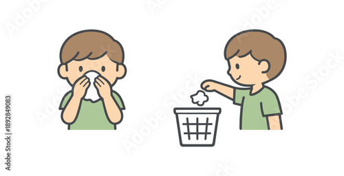 minimal stock vector icon flat clipart muted pastel colors low saturation low contrast simple geometric shapes clean edges consistent proportions minimal facial features kid using tissue to