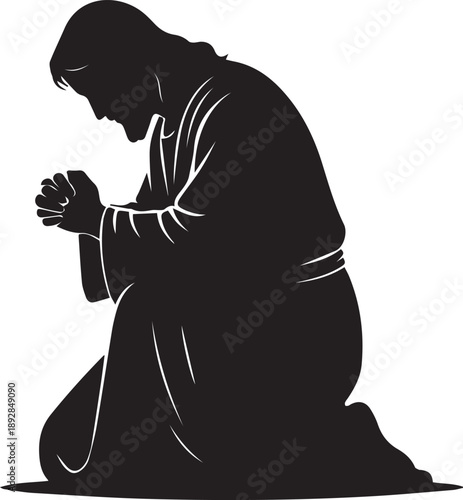 Man kneeling in prayer silhouette vector illustration line art religious devotion profile