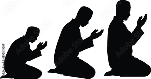Muslim men praying silhouette illustration showing Islamic worship, faith, devotion, and spiritual practice in black and white vector style