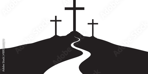 Three crosses on hill silhouette vector illustration, Easter resurrection concept, line art