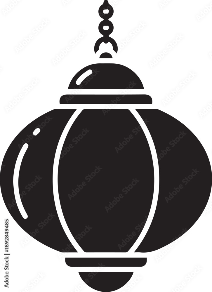 Obraz premium A traditional lantern hanging from a chain, black illustration on a white background, viewed from the front
