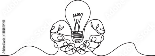 Hands with bulb light continuous one line symbol drawing.one line vector illustration with white background